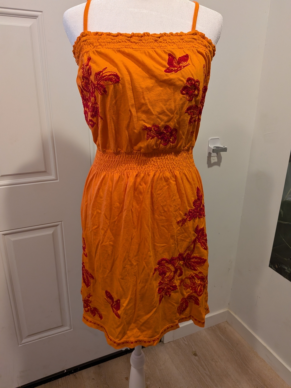 Johnny Was Orange Mini Dress with Red Floral Embroidery